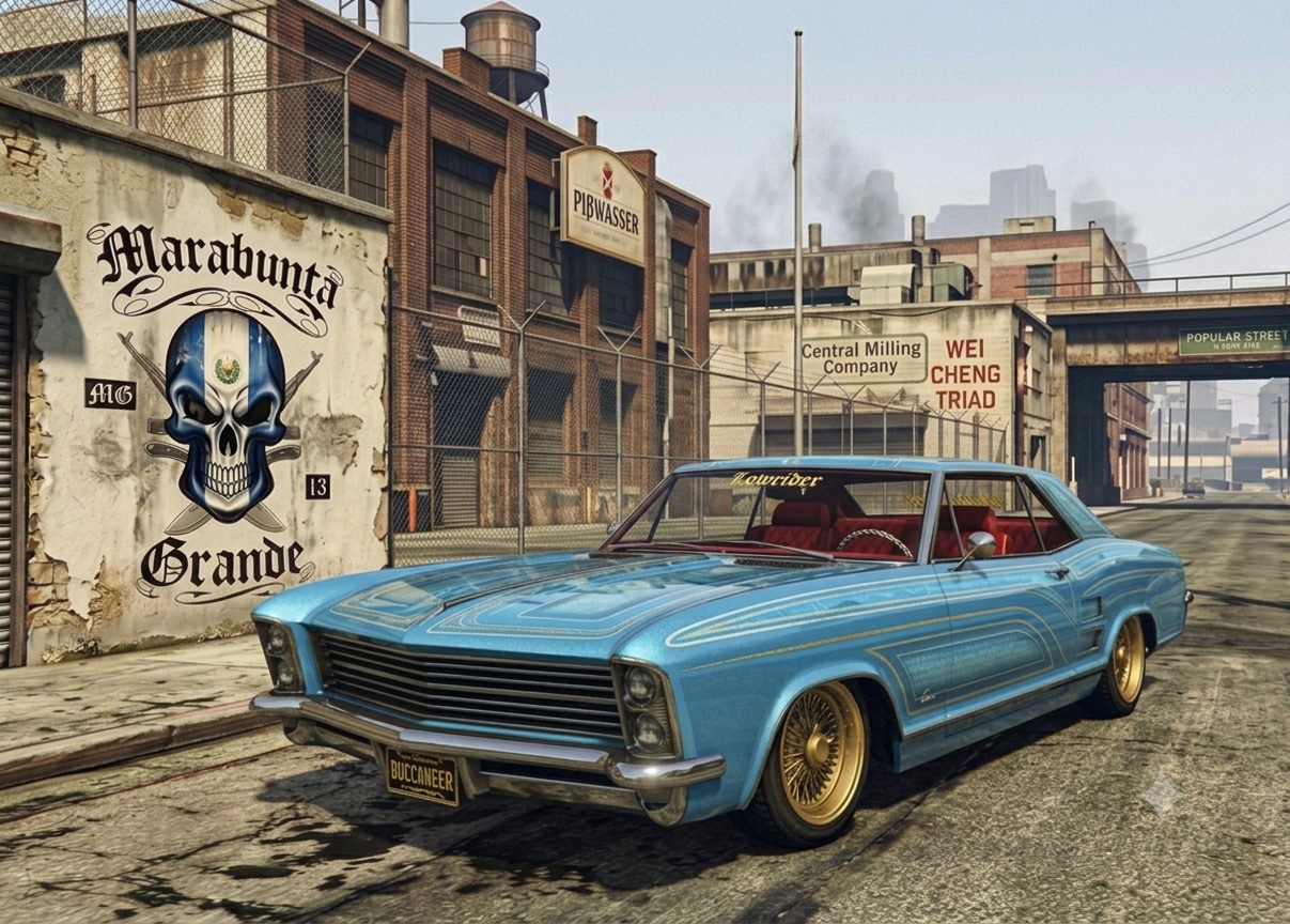 Blauer Lowrider vor der Marabunta-Grande-Mauer